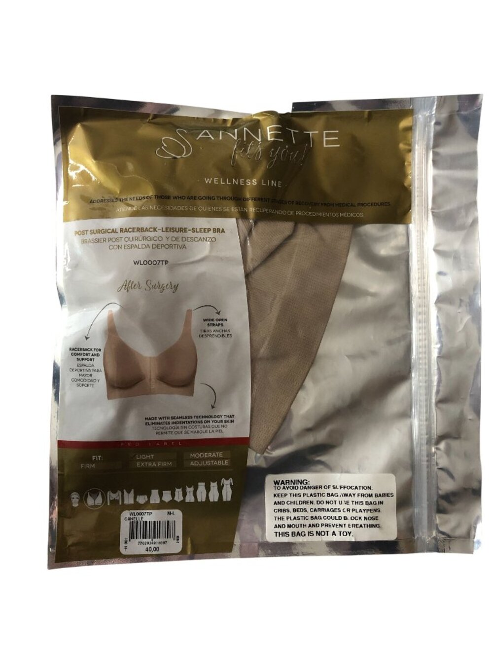 Annette Fits You Wellness Post-Surgical Racerback Leisure Sleep Bra Beige M-L